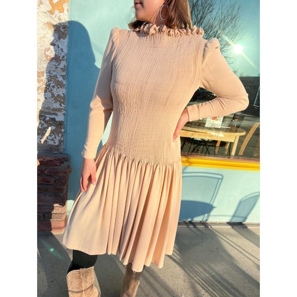 Vintage Maggy Reeves M/L Nude High Collar Aline Dress